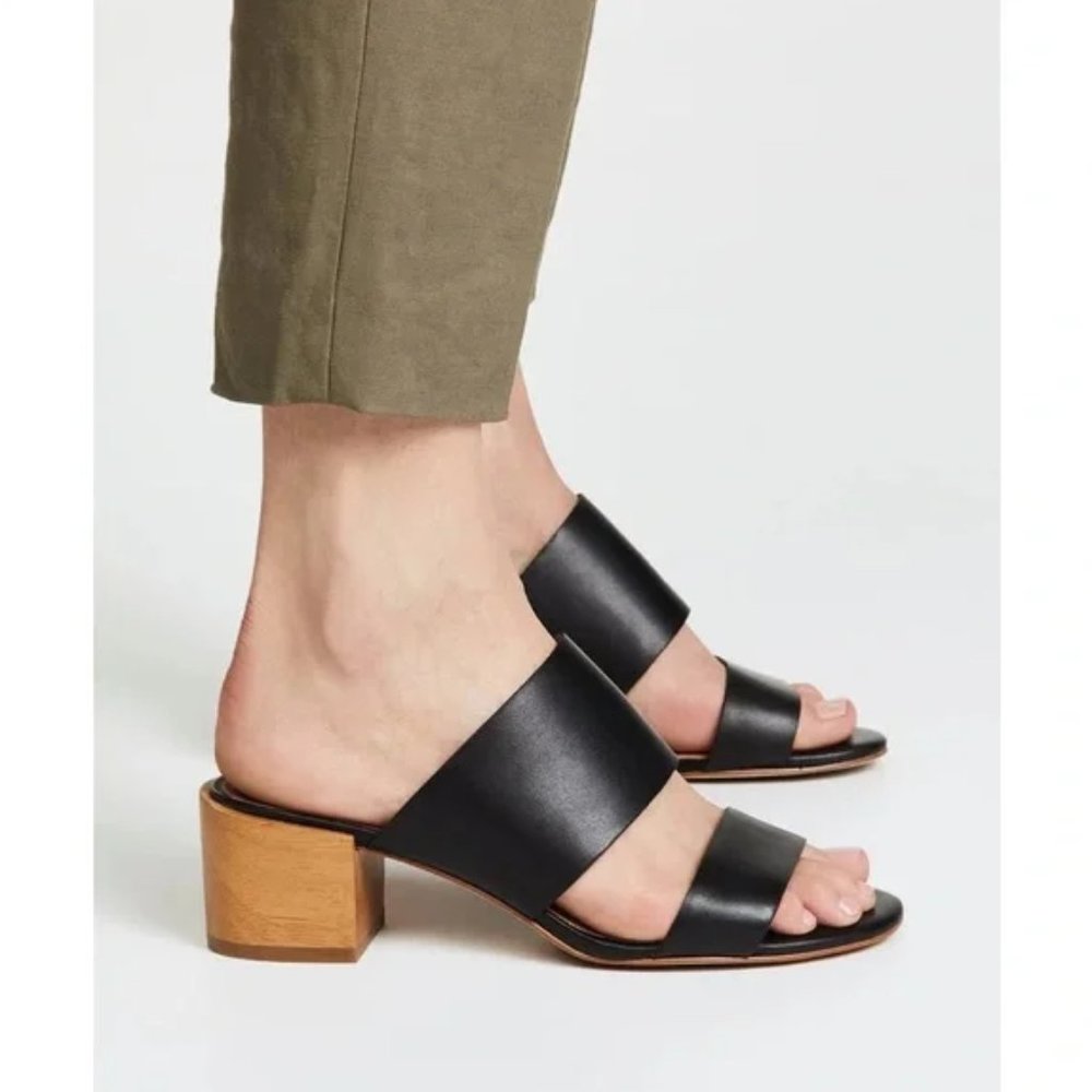 Madewell The Kiera Mule Sandal Black Leather Straps Wooden Block Chunky Heel 8.5